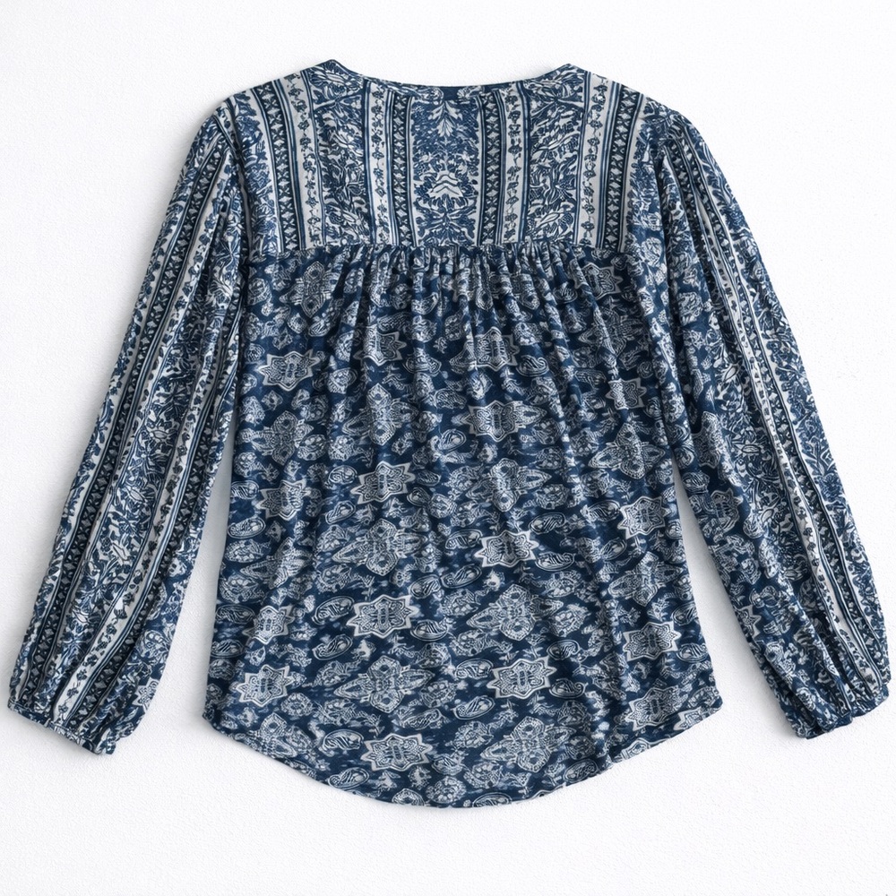 Lucky Brand Boho Floral Peasant Blouse Summer Top Festival Casual Beach Blue M - Picture 3 of 8